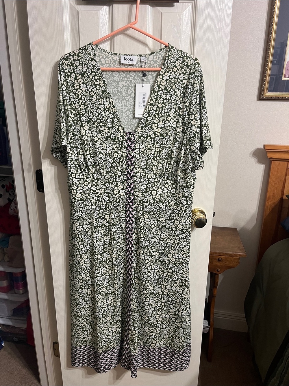 Leota Olive Green and White Floral V-Neck Midi Dress